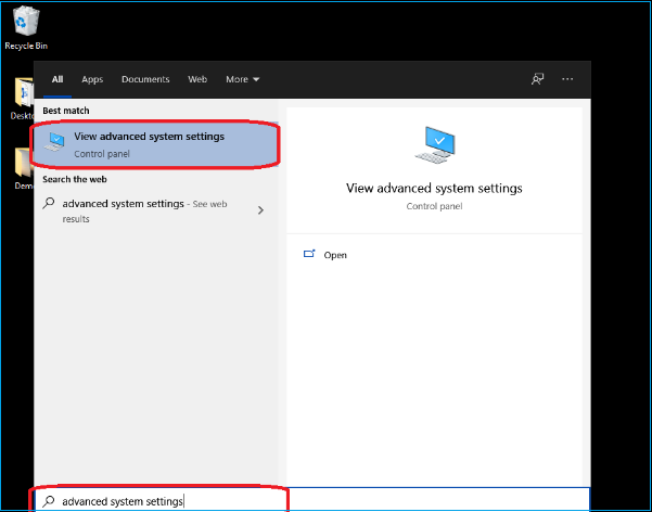 Select the view advanced system setting option to remove the virtual partition