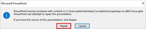  PowerPoint found a problem with content
