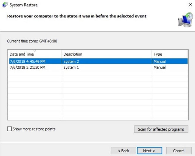 recover system restore points in windows 10