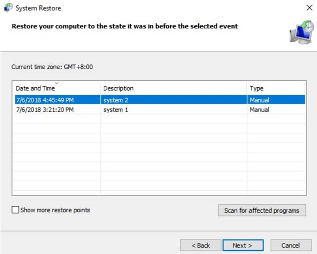 windows 10 restore points missing
