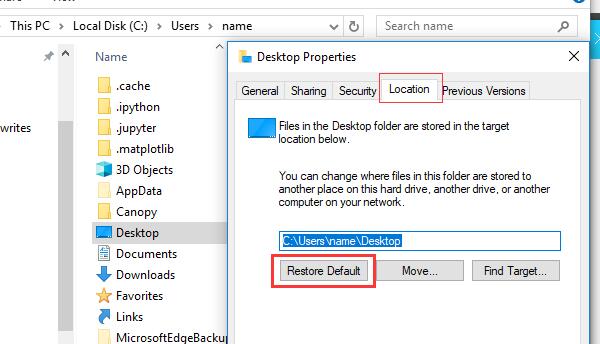 Restore default desktop location