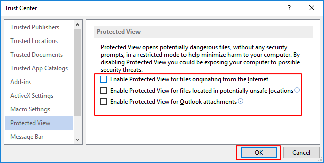 Disable protected view