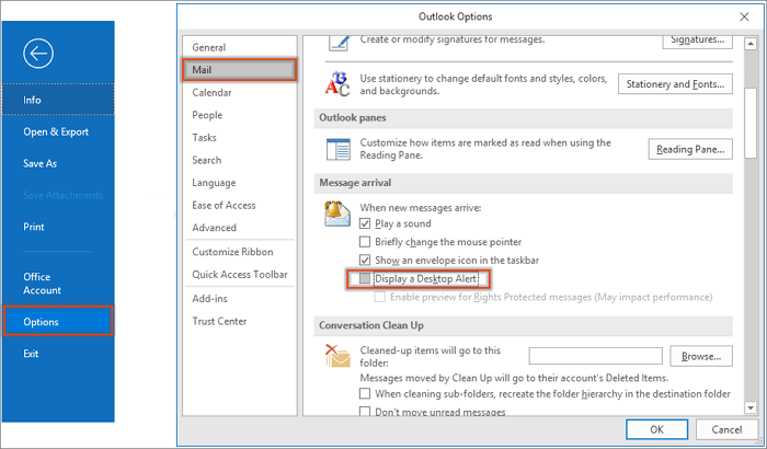 disable new mail notification in outlook