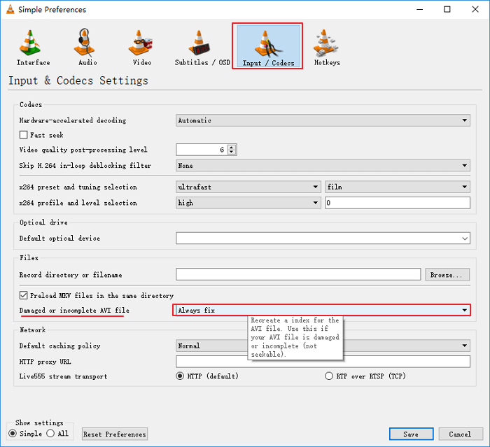 Set VLC settings to repair the corrupted AVI file.