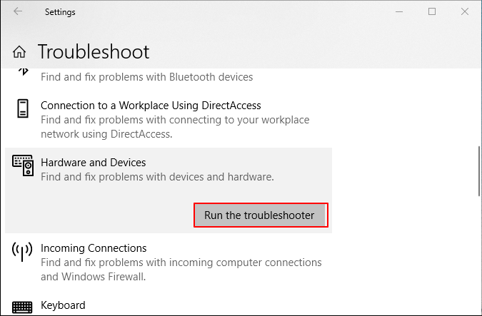 Run Windows Hardware and Devices Troubleshooter