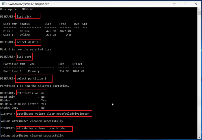 Clear attributes to make USB 3.0 external hard drive show up