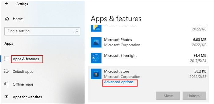 microsoft store advanced options