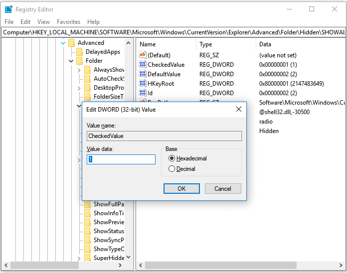 Windows 10 show hidden files not working - Adjust registry