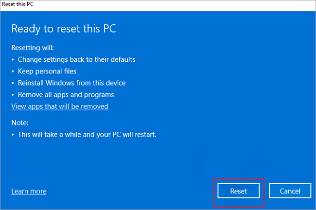 Confirm to factory reset Windows 11