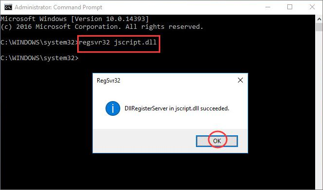 run regsvr32 jscript.dll in cmd
