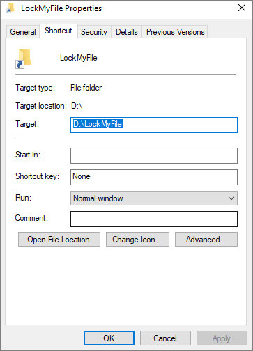 shortcut file property window