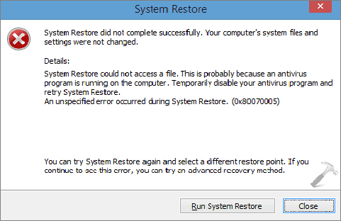 system restore error 0x80070005