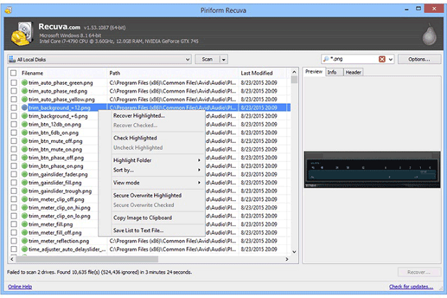 recuva video recovery tool main interface