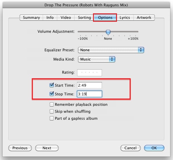 Set the start and stop time of the ringtone