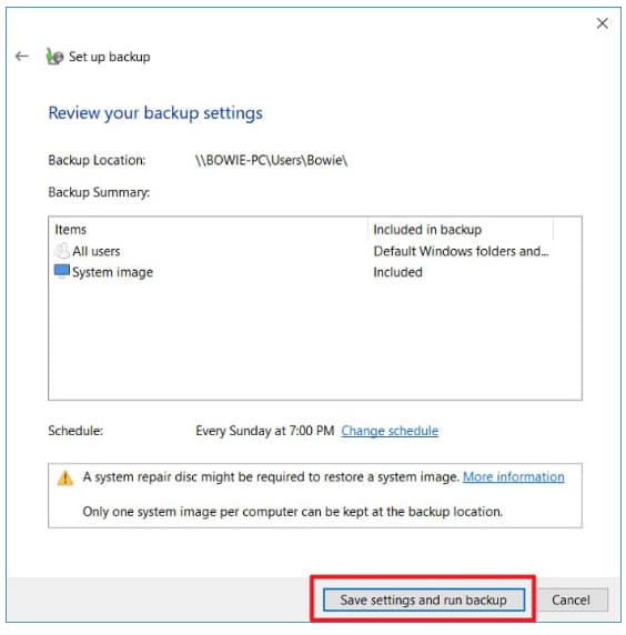 setting to windows 10 network backup