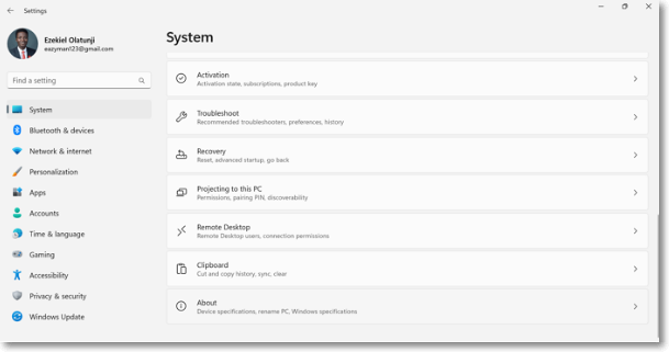 about option in system after clicking settings