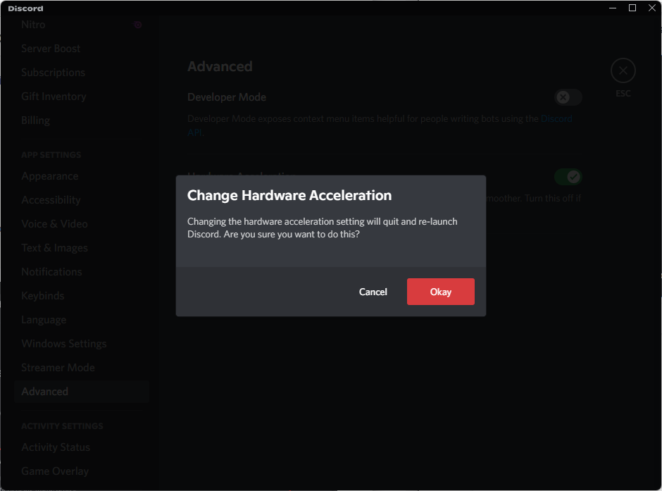 Change Discord hardware acceleration