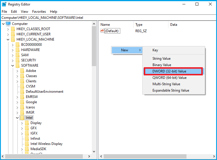 Create a new key in Registry Editor Windows 10.