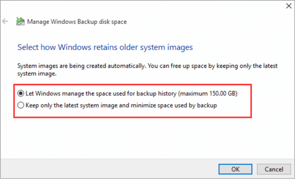 Keep only the latest system image and minimize space used by backup