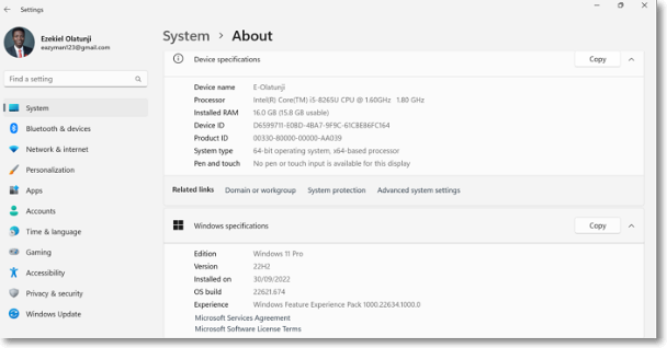 device specification screen