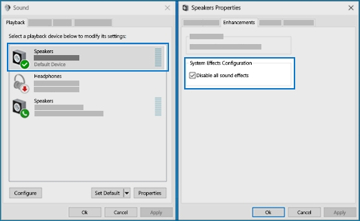 Choose a different default device, then choose properties.