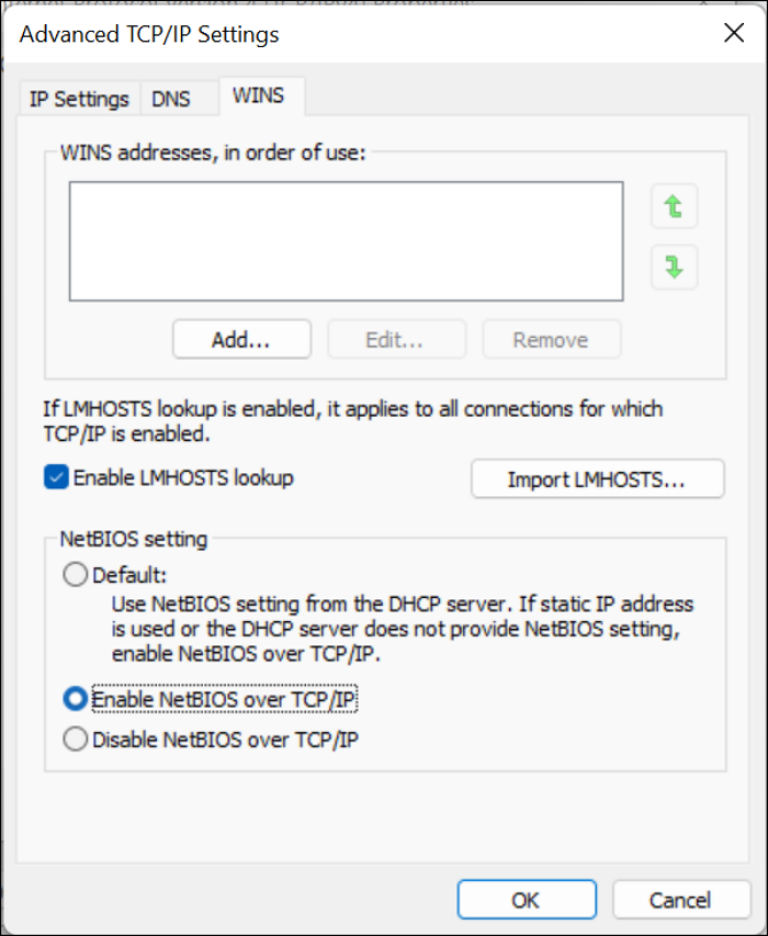 enable NetBIOS over TCP/IP