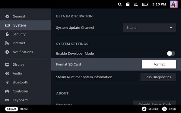 format sd card on steam deck