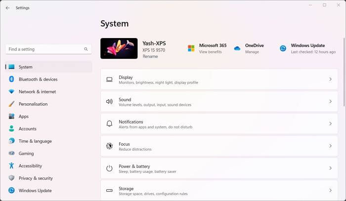 display section in windows system settings