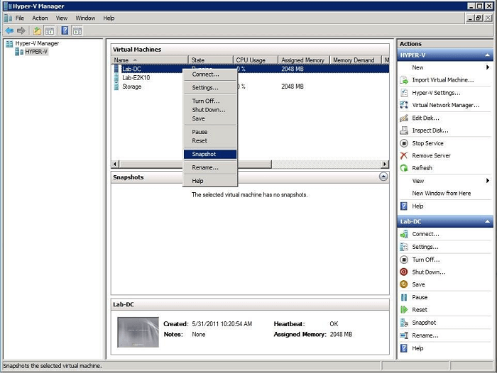 hyper-v manager to take snapshot