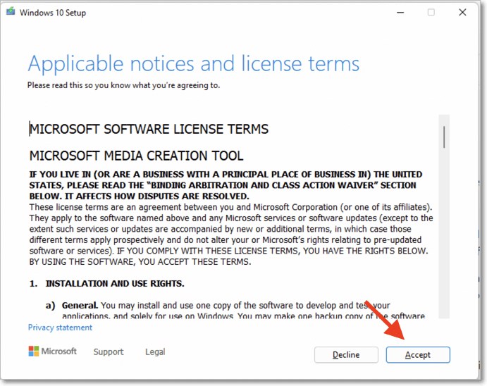 accepting microsoft licence and terms