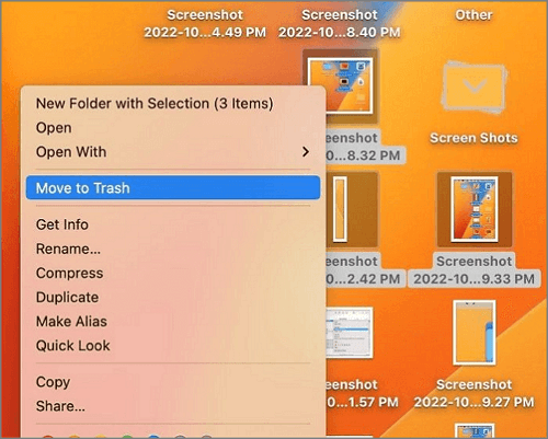 display menu showing delete option for multiple screenshots