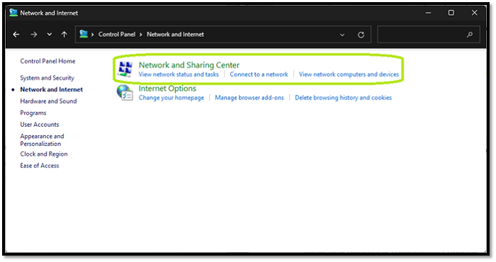 open network and sharing center