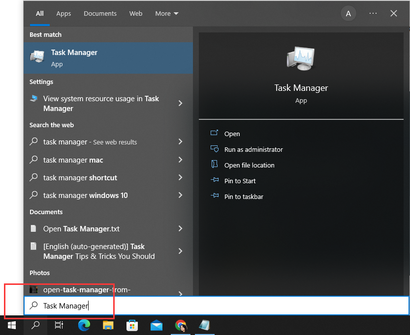 open task manager from Windows Search bar