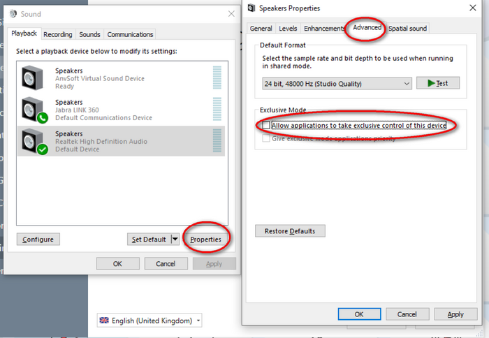 disabling the exclusive mode of audio device