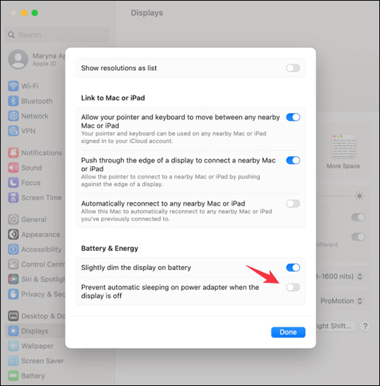 Prevent automatic sleeping when the display is off