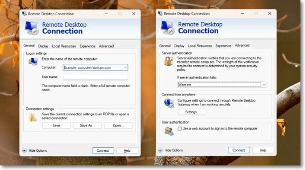 remote desktop connection settings