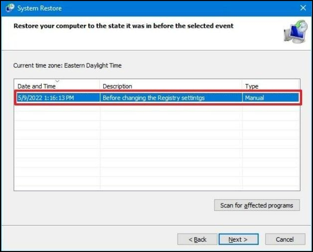select retore point