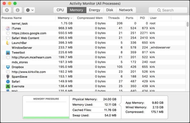 run memory tab