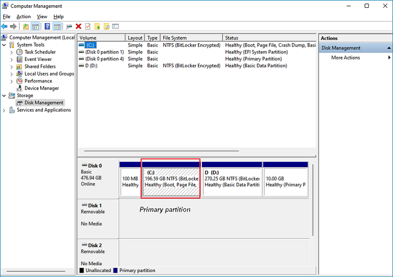 Primary partition in disk management.