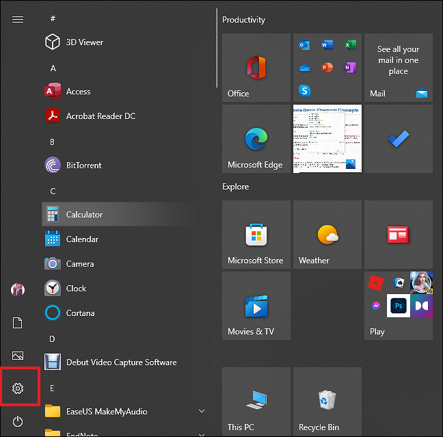 Choose Settings from Start Menu.