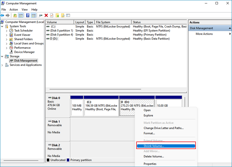 Shrink volume to build a primary partition.