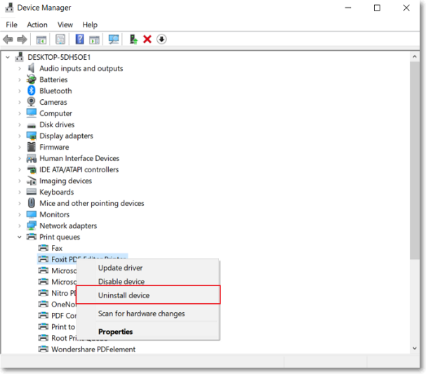 tap on uninstall device option