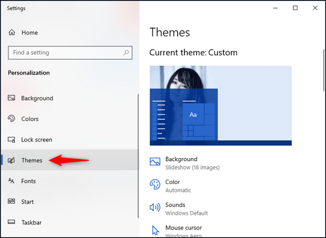 Themes option on Windows 10