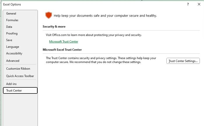 Trust Center Settings Excel