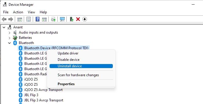 Uninstall Bluetooth Device