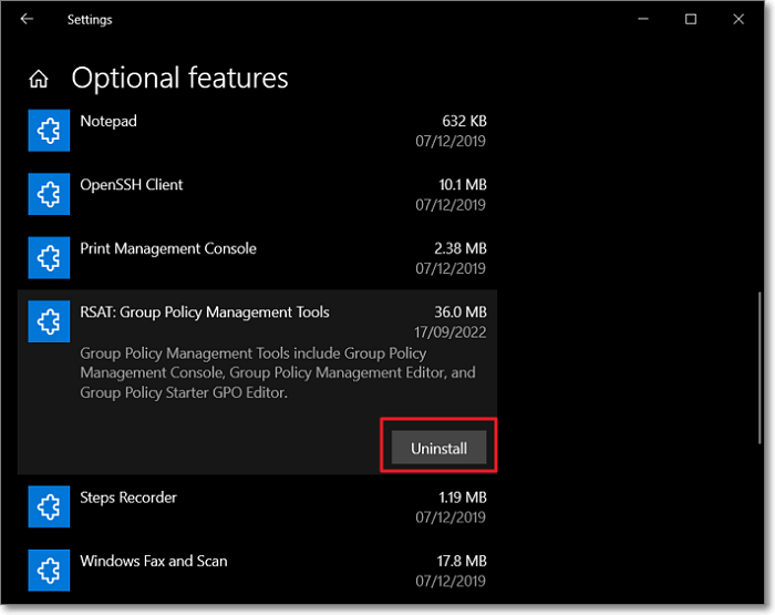 uninstall rsat tools