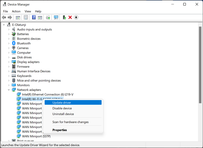 Update Driver screen of the Network Adapter.