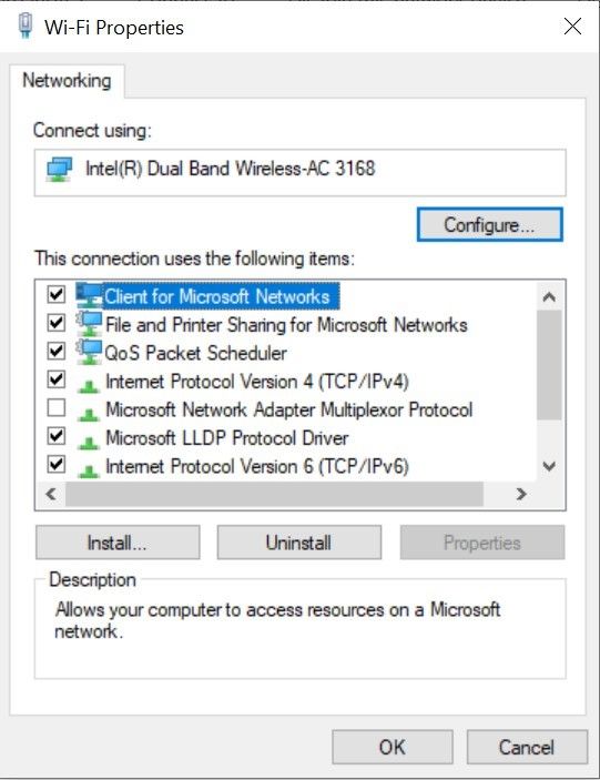 select client for Microsoft networks