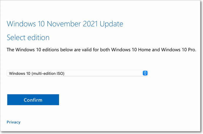 selecting the windows 10 edition to download