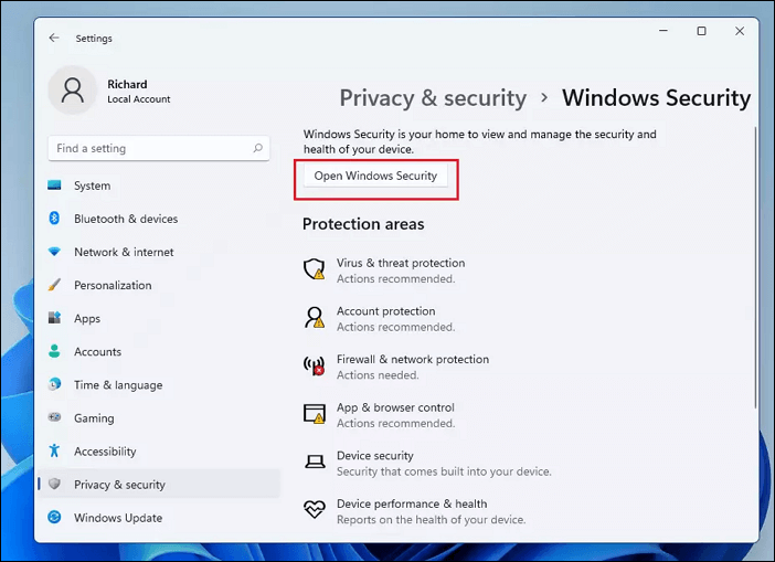 win11 open windows security